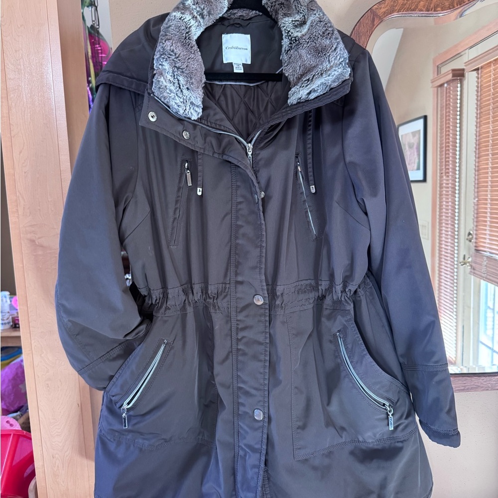 croft & barrow Women's Grey-Brown Parka with Hood and Faux Fur Collar